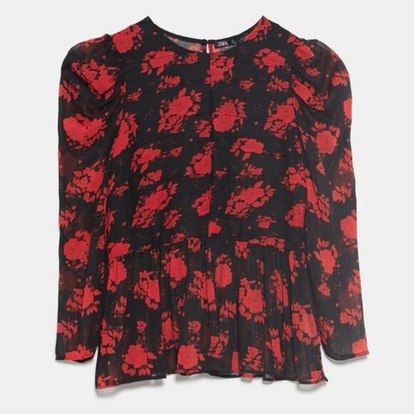 Zara Rose Floral Semi-Sheer Chiffon Puff Sleeve Peplum Blouse - Picture 11 of 11